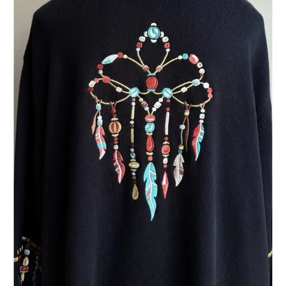 Bob Mackie Wearable Art Feather Embroidery Cardigan Sweater V-neck Black Plus 2X